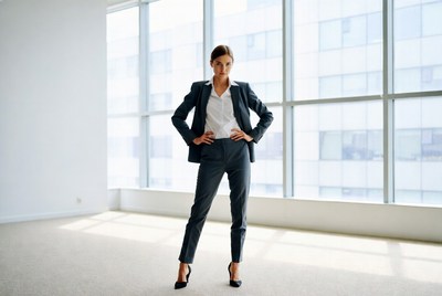 Confident woman in suit by office windows