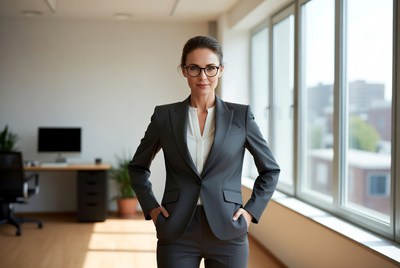 Professional woman in gray suit office