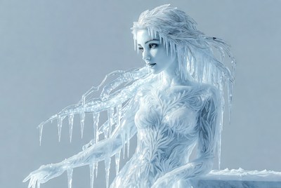 Ice-covered woman with frost hair