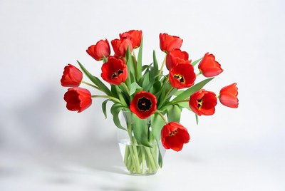 Red tulips in clear glass vase
