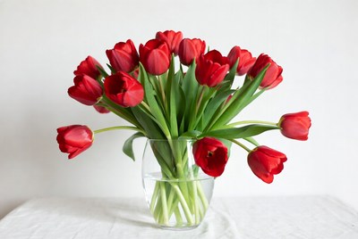 Red Tulips in Glass Vase
