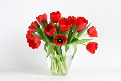 Red Tulips in Clear Glass Vase