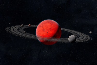 Red Planet with Rings and Moons