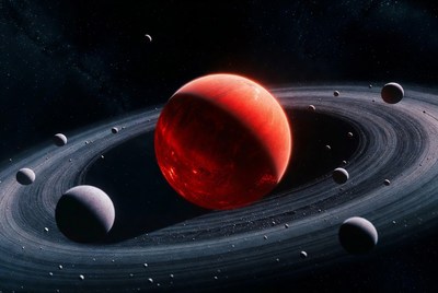 Red Planet with Rings and Moons