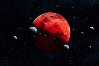 Mars with moons in space