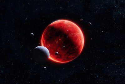 Red Planet Mars with Moons in Space