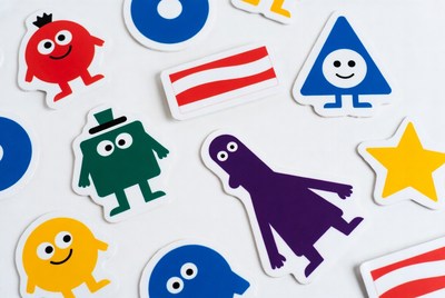 Colorful cartoon shapes and characters