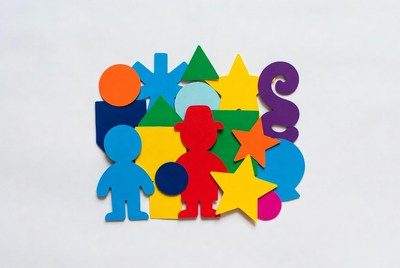 Colorful foam shapes with cartoon kids