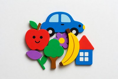 Colorful foam toys apple car banana house