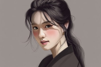 Asian woman in black hanbok