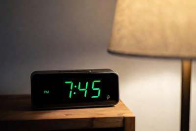 Digital alarm clock showing 7:45 PM