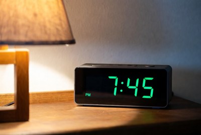 Digital alarm clock showing 7:45 PM