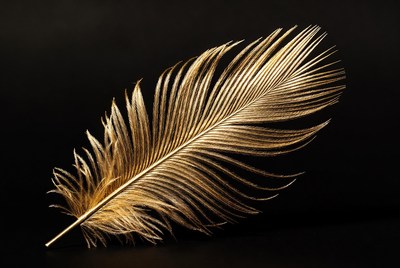 Golden feather on black background