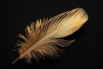 Golden feather on black background