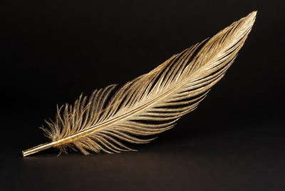 Golden feather on black background