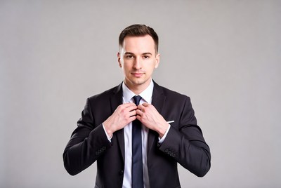 Man adjusting tie in suit