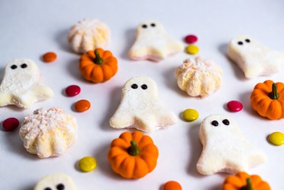 Ghost and Pumpkin Marshmallows on White Background