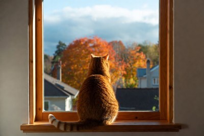 Orange tabby cat gazing out window