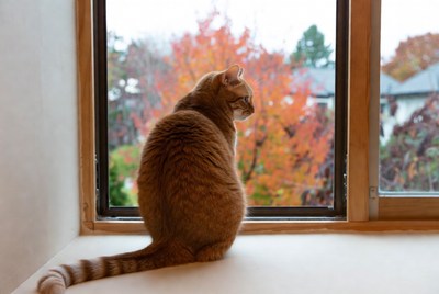 Orange cat looking out window at autumn trees