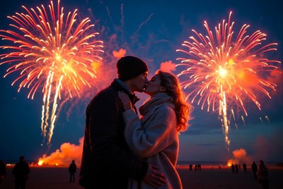 Couple kissing silhouette with fireworks