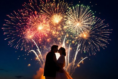 Silhouette couple kissing amid fireworks