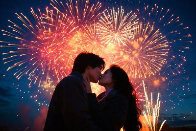 Asian couple kissing with fireworks