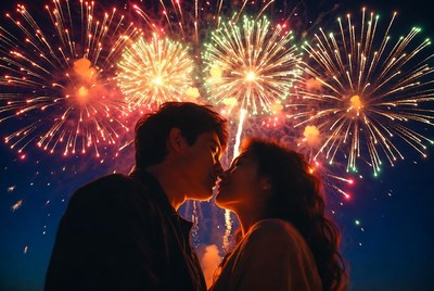 Asian couple kissing amid fireworks
