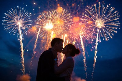 Couple kissing during fireworks silhouette