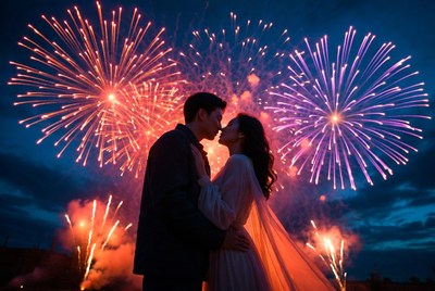 Asian couple kissing amid fireworks