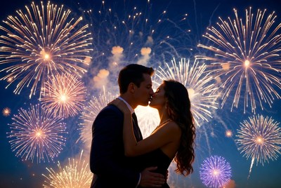 Couple kissing in front of fireworks