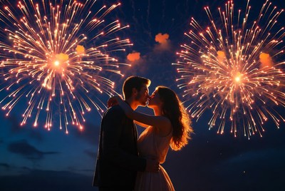 Couple kissing under fireworks