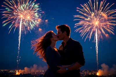 Couple kissing silhouetted against fireworks