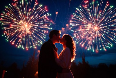 Couple kissing under fireworks