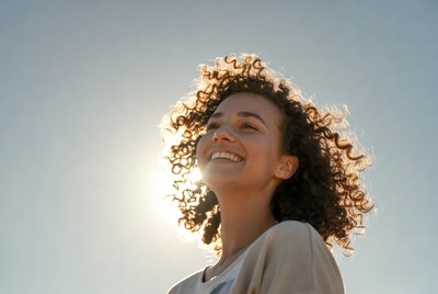 Smiling woman with curly hair in sunlight
