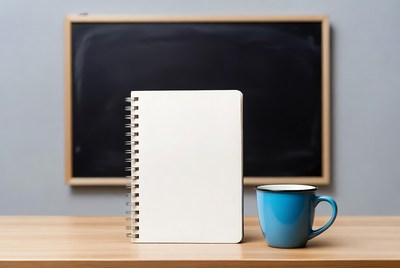 Blank Notebook and Blue Mug on Desk