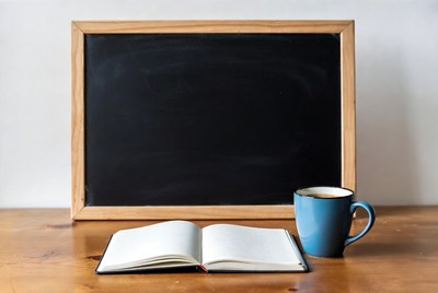 Open Notebook and Coffee Beside Chalkboard