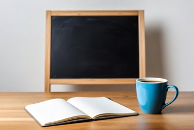 Open notebook and coffee mug by blackboard