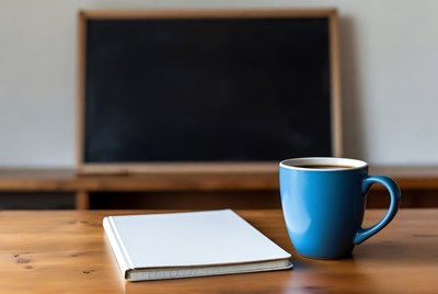 Blue Coffee Cup and Notebook by Chalkboard