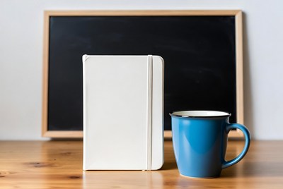 White Notebook and Blue Mug by Chalkboard