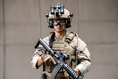 Soldier holding rifle with night vision goggles