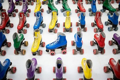 Colorful Roller Skates Arranged in Grid