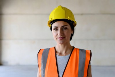 Woman wearing hard hat and safety vest
