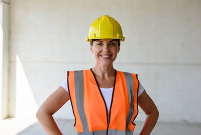 Smiling woman in hard hat and vest