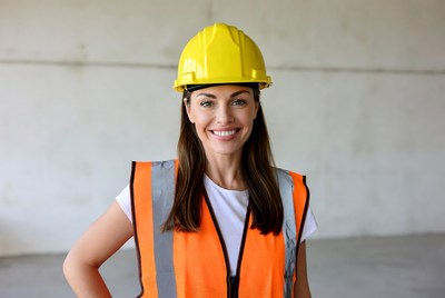 Smiling woman in hard hat and vest