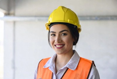 Smiling Latina woman in hard hat and vest