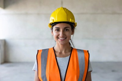 Smiling woman in yellow hard hat and vest