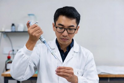 Asian man pipetting in lab