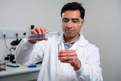 Man pouring liquid in lab