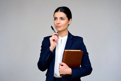 Businesswoman holding pen and notebook
