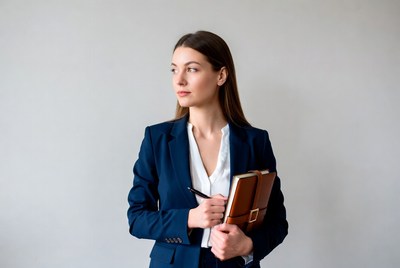 Woman in navy blazer holding notebook